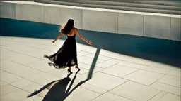 bird's eye view A stunning scene of a woman with long dark hair, wearing a dress and behind woman her long shadow, she dancing in the middle on the big square afternoon. Her enigmatic and concentrated expression, the play of light and long shadows create a mysterious atmosphere,high detailed, sharp focus, masterpiece