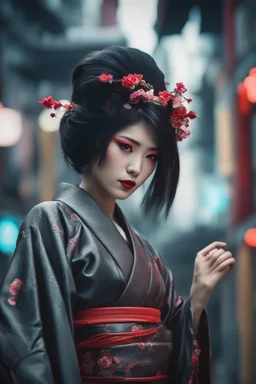 ((Lost suit)),((lost clothes)),Ultra realistic photo beautiful cyberpunk geisha woman , futuristic style, HOF, captured with professional DSLR camera, 64k, ultra detailed,