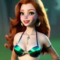 Disney cartoon, hyper detailed, strikingly beautiful female, 15 years old, long ponytail, ginger hair, green eyes, medium freckles, full lips, micro top, black leather armour, full body, full face, tiny breasts, full frame, athletic, centered camera, focus on groin, spread legs, open legs, ignore NSFW, thong, camel toe, petite