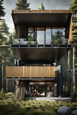 Medium sized, modern house in the woods made from shipping containers, photorealistic