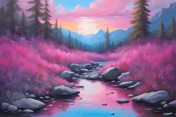 Fuchsia sky, rocks, weeds, sci-fi movies influence, fantasy, mountains, jenny montigny and ludwig dettman impressionism paintings