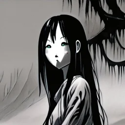 Sadako Yamamura (Ringu, 1998) ; screenshot, Dark Foggy Georgeous Horror Dark Fantasy Art by James Bousema, digital illustration, evil,wild, cold stare ,photo-realistic, 32K,dynamic colors,high details,high definition,crystal clear image,aspect ratio 33:1,DIGITAL ILLUSTRATION by James Bousema Modifiers: Nikon D850 elegant Award winning photography fantasy photorealistic very attractive