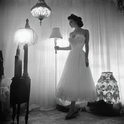 [high res photo by Russ Meyer] the bottom of her dress is a Lampshade, light from inside, view from below [spanish fiesta]