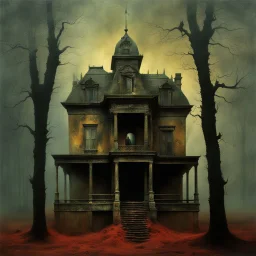 Unsettling visual of a sentient house, crafted by the imaginative Stephen Grammell, with additional touches by the eccentric Zdzislaw Beksinski, image stirring deep-seated insomnia, surreal masterpiece laden with symbolism, realistic, detailed, digital painting