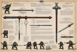 series of weapons concept sheet with AD&D statistics and characteristics, [high res illustration by Kevin Eastman and Peter Laird for TMNT module T04] leonardo's katana, michelangelo's nunchaku, donatello's bo staff, raphael's sai
