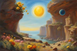 sunny day, planet in the sky, rocks, flowers, cliffs, sci-fi, friedrich eckenfelder and henry luyten impressionism paintings