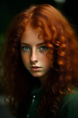 Mixed Teen with dark green eyes reddish curly poofy hair small nose long lashes