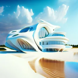 Country house on the beach and over water Zaha Hadid style hyper-realistic detailed complementary colors white cream summer people 8k