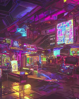 A dark photo of the corners of an 80's aesthetics arcade at night, with a lot of functioning arcade machines, a vaporwave floor and some colorful tiles in between the floor. Purple aesthetics. There are some pizza boxes over some of the arcade machines. The wall has a ticket shop who sells plushies, food and laser tag guns