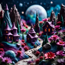 Detailed creepy odd landscape made of modeling clay, naïve, houses, rock formations, people walking, Tim Burton, flowers, stars and planets, Harry Potter, strong texture, extreme detail, decal, rich moody colors, sparkles, clean, bokeh, odd