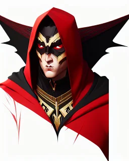 Draw an illustration with a red and black hood and a dragón mask over they eyes, front view