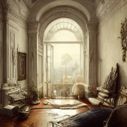 Living room with a big full wall window, white Beaux Arts architecture,interior design,point of perspective,by Jean Baptiste Monge, Epic cinematic, brilliant stunning, intricate, meticulously, detailed, dramatic atmospheric, maximalist digital matte painting