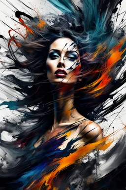 Abstract digital image about a beautiful woman and her chaotic life, chaos, stormy, explosive, weird but exceptional art, thick paint strokes, dark colours, realistic