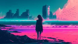 synth-wave beach & city, lone girl, iconic:1.8),
