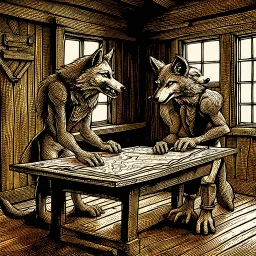 two anthropomorphic wolf stand around the old wooden table. They studying two map which features markings drawing are visible. one map lies down on big wooden table, one map holds his paws, older wolf a gnarled tree leans on a stick, in background the room's massive wooden walls, one little window, high realistic, detailed, cinematic mood