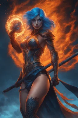 The female Shadow of Death using the staff of destruction. sexy. blue fire and orange smoke. fantasy art, Cinematic lighting, Volumetric,, lighting, Epic color composition, the hole naked truth, octane render, Mark Brooks and Dan Mumford, comic book art,