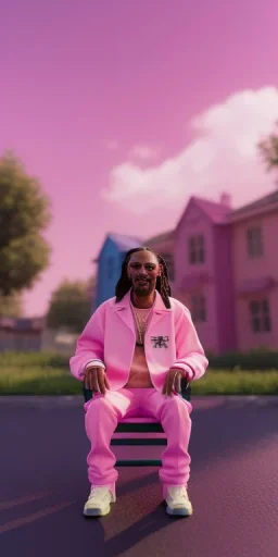 Snoop dogg, sitting. a chair. pink houses, pink sky, pink smoke, trees, outdoors. Groove street. 28mm