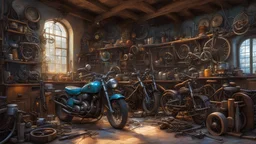 Riparare moto. Emozionante, fantastico e sgangherato laboratorio di fantasia magica, diverse vecchie motociclette colorate smontate per riparazioni, motori, olio, ruote, telaio, ingranaggi, ragnatele, strumenti meccanici colorati e intricati, ingegneria straordinaria, fotografia pluripremiata, estremamente dettagliata, bellissima composizione, capolavoro, fotorealismo , luce volumetrica naturale morbida e perfetta, chiaroscuro, Heath Robinson, Escher, Disney, Pixar