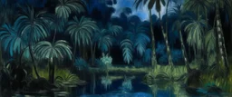 A bluish black jungle near a marsh at nighttime designed in Maori sculptures painted by Claude Monet