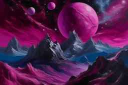 A purplish magenta Swedish mountain under the stars and planets painted by Michelangelo di Lodovico Buonarroti Simoni