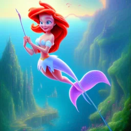 Disney'den Ariel yeşil kuyruklu, bir kayalığın üstünde oturuyor ve hafif gülümsüyor, cartoon digital drawing style