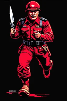 Cuban soldier(uniform and face based on racist steriotypes) running towards viewer, a knife i one hand, and a gun(barrel pointing at viewer) in the other. blocky retro 1960's jack kirby style poster in monochrome with white background