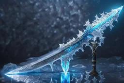 One fantasy greatsword that is slender, translucent blade made of ice. The hilt is made up of swirling vines, a vibrant crystal at the pommel. With a black background behind it. HD