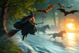 volumetric light, oil painting ,evening and motion blur running caped long haired witch on skies and sitting on broom Quickling - Forgotten Realms dodging flying bats above water and along winding branches in lush green forest along speeding horses , bokeh like f/0.8, tilt-shift lens 8k, high detail, smooth render, down-light, unreal engine, prize winning