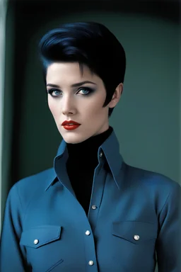 ProtoVision - Absolute reality -- If Elvis Presley was an emo female -- facial portrait -- absolutely stacked, thin, petite, little, with great big giant bazoombas, short, military-cut, buzz-cut, pixie-cut black hair tapered on the sides, bright blue eyes, wearing short sleeved, nylon, Turtleneck half shirt, blue jean mini shorts, heavy, black fishnet stockings, punk rock styled, platform boots, black lipstick, dark, emo, eye makeup, a black and gray gradated wall in the background