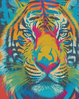 A striking portrait of a fierce tiger, its fur adorned with intricate geometric patterns and vivid hues, in the style of pop art, bold shapes, bright colors, and a sense of energy and power, influenced by the works of Andy Warhol and Roy Lichtenstein, capturing the spirit of the wild with a contemporary twist.