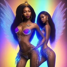 full body shot, masterpiece, best quality, black skinned, sparkling eyes, long hair, gorgeous African Fairy queen,wings,fluorescent skin,light blue makeup,sparkly glass diamond transparent,synthwave, light indigo, trasparent , irridescent, highly detailed body, sun light, 4K, RAW, depth of field, high contrast, realistic details, 24mm vaporwave aesthetic, synthwave, artstation, concept art, smooth, extremely sharp detail, finely tuned detail, ultra high definition, 8 k, unreal engine 5, ultra sh