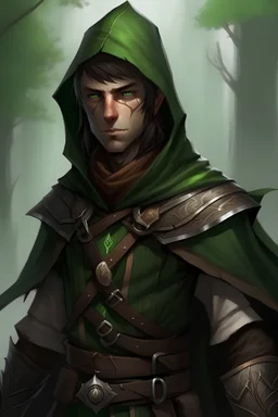 male wood elf, hunter, brown skin, Hooded armor, Green eyes, black belt