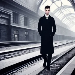 A beautiful slender well dressed tall young man with short hair and a black trench coat, waiting for a woman at night at a train station in London