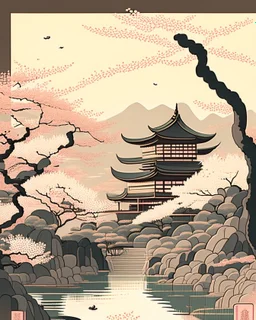 A serene, Japanese woodblock print-style illustration of a traditional temple set amidst a tranquil landscape of cherry blossoms, gentle streams, and rolling hills, using a soft color palette and delicate composition techniques.