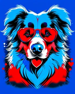 Vibrant, fun t-shirt design of a stylish Australian Shepherd dog with cool sunglasses and relaxed demeanor. The coat is a gradient mix of blue, red and white. The background is a fun red heart-shaped silhouette. The overall design is visually striking and would turn heads on a (((black t-shirt)))