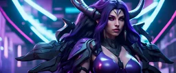 50k resolution, ultra realistic, symmetrical features, curvy transgendered male to female humanoid with large breasts, long dark purple hair, purple eyes looking forward, two horns on the top of the head, elf ears, large cyberpunk wings coming off of the spine mid-back, unreal engine 5, full-frame composition, full-frame artwork, character creation