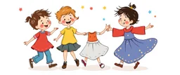 whimsical illustration of children playing and dancing. children's book style, on a white background