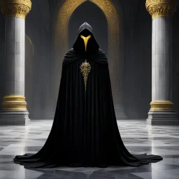 [hooded hidden face with two small yellow eyes] The dark, hooded figure known as the Nazgul stood silently behind a towering column in the opulent palace, its presence shrouded in mystery and foreboding. The hooded cloak billowed ominously around its form, concealing any glimpse of a face or identity. Shadows danced across the marble floors as the figure observed the lavish surroundings with a sense of detached malevolence.