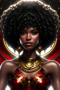 you are a modern futuristic artist, and I want you to generate a hyper realistic woman with dark skin and curly big hair with gold jewels and rubies and a ruby colored dress