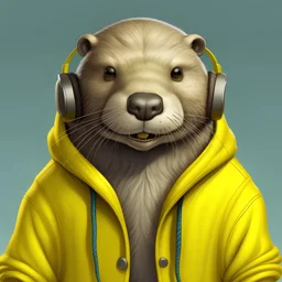 photorealistic, portrait of an otter, headphones, wearing a yellow hoodie, cute, smiling