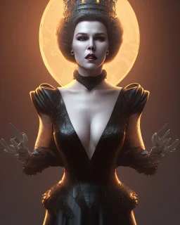 old evil queen in black leather gown, femme fatale, volouptous, busty, cleavage, angry, emperious, 8k resolution concept art portrait by Greg Rutkowski,