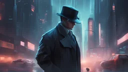 a high quality digital artwork of a detective using the Collaborative Intelligence platform to solve a case, futuristic, cyberpunk, detective noir, cityscape, teamwork, technology, collaboration, unsolved mystery, contribution recognition, data visualization, intense atmosphere, high detail, cinematic, digital painting, 4k