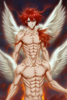 An anime adult male angel with messy red hair, gold eyes, large feathered white wings that looked burned