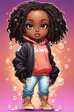 Create an colorful futurism comic book illustration of a chibi cartoon black female thick curvy wearing a cut of peach hoodie and white jeans and timberland boots. Prominent make up with long lashes and hazel eyes. Highly detailed shiny sister locs. Background of a large bubbles all around her