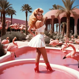 [high res photo by Gilligans Island] In the dazzling city of Las Vegas, clad in revealing uniform under the desert sun, Barbarella the maid finds herself in a most curious setting—a pink swimming pool teeming with flamingos and bananas, ready to fight, in dust, rust and blood, her body is covered with leather cartridge belts