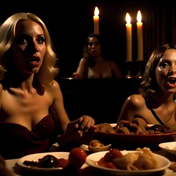 Horror movie shot, spooky, hot, ultra realistic, dine, horns, ultra realistic hot blonde women, party, pieces of meat, organs, ail, dynamic, very excited people, hypermaximalist figures, light, 1970's Italian horror movie, sinister,, Dario Argento, Stanley Kubrik, ornate, 4k, photorealism