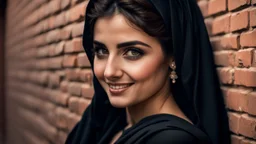 Hyper Realistic Photographic View Of a Beautiful Young Pashto Woman With Beautiful Eyes (& Eye Brows) & Beautiful Hands, & She Wearing Black Dress & Black Dupatta With Her Peeking-Half-Faced From A Brick-Wall Giving Bold Smile & Bold Expressions Putting Her That Hand On That-Brick-Wall At Dark Night Showing Dramatic & Cinematic Ambiance.