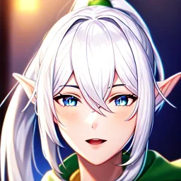 Clear focus, 8k, beautiful lighting, vibrant colors, Elf, White hair, ponytail, hair in between the eyes, up close,