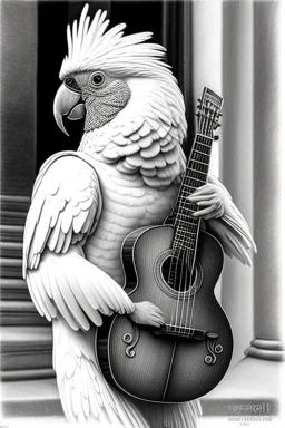 One single mature cockatoo, musician on the street, Vienna, model style, hyper realistic, extremely accurate, delicate, extremely detailed, mango style, wide-angle, open aperture, superfine pencil