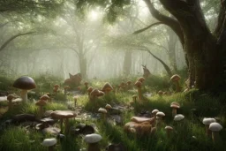 enchanted forest, rabbits, squirrels, mushroom